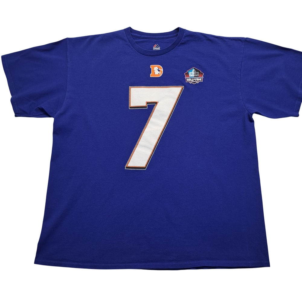 Majestic John Elway Denver Broncos Mens 2XL Blue Excellent Hall of Fame Tee 7